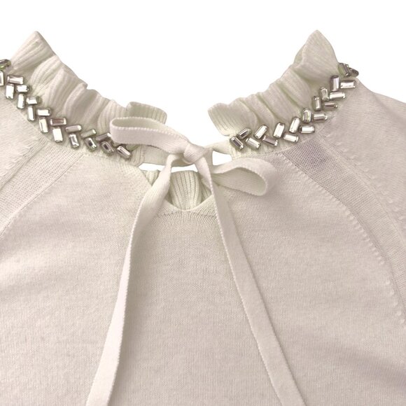 RSVP by Talbots Sweater Size SP Cream Ruffle Neck Jeweled Trim Bow Back Elegant - Picture 12 of 13